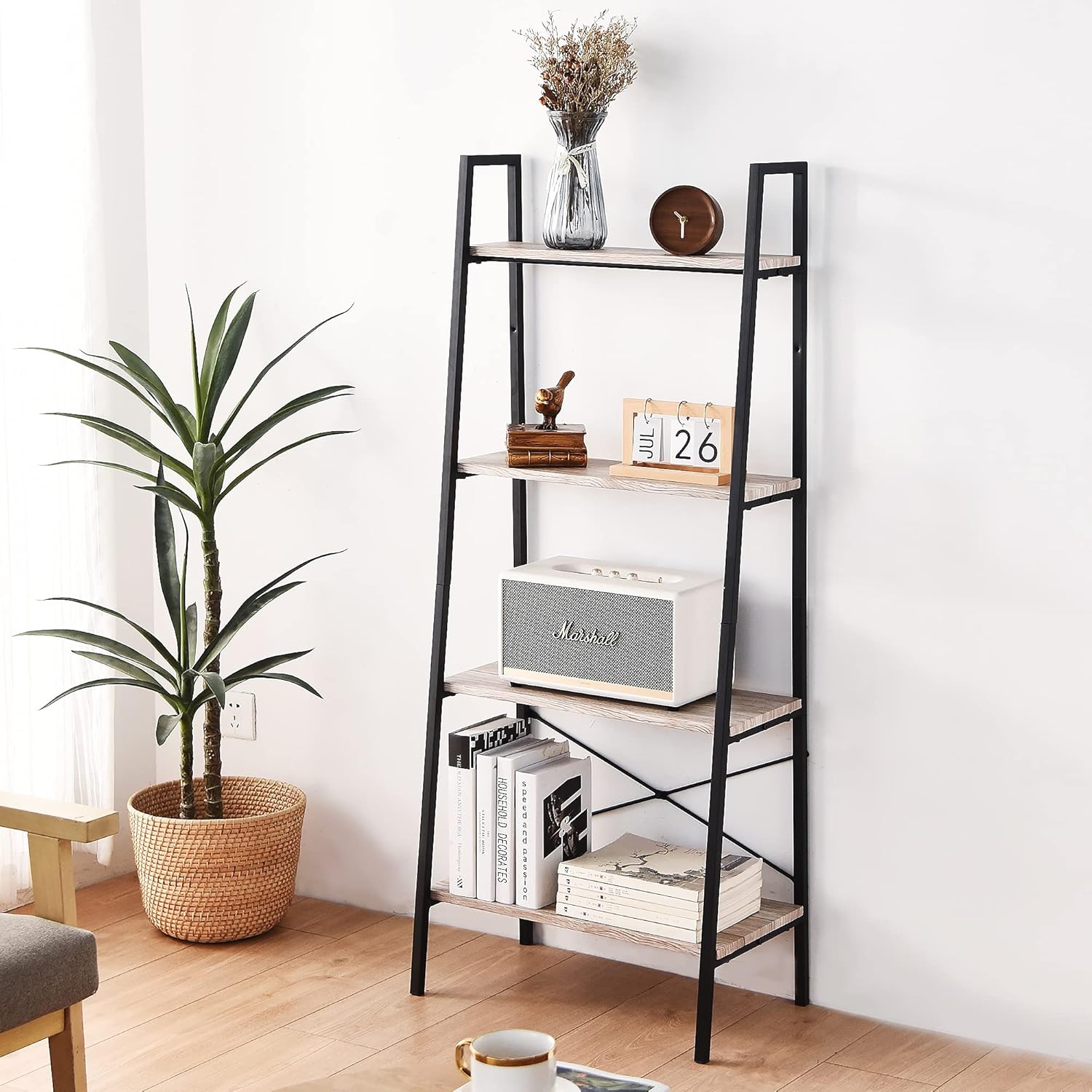 Blissun Ladder Shelf, 4-Tier Bookshelf, Storage Rack Shelf for Office, Bathroom, Living Room, Hazelnut Brown