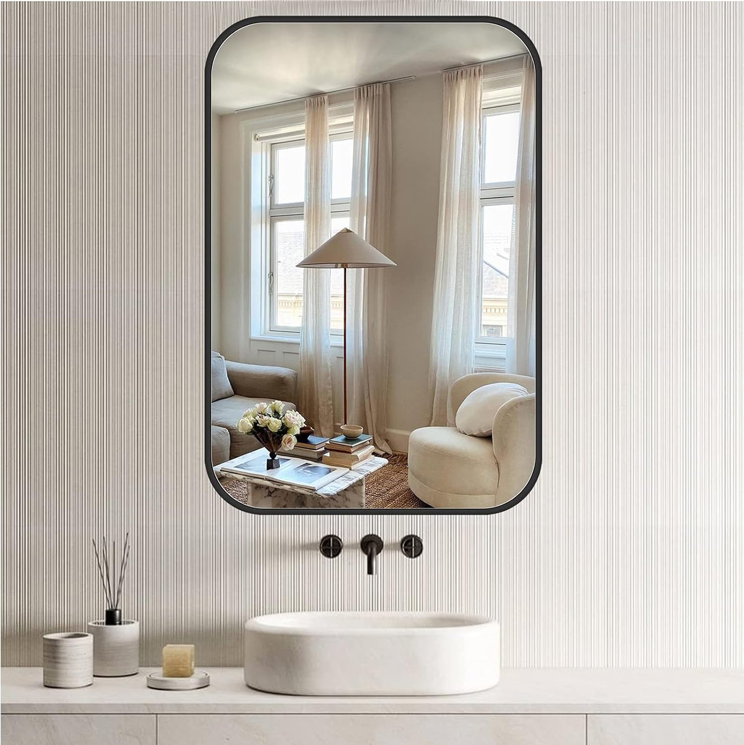 JENBELY 24x36 Inch Black Wall Mirror for Bathroom, Brushed Metal Framed Mirror with Rounded Corner, Rectangle Bathroom Vanity Mirror for Bedroom or Living Room, Horizontal/Vertical