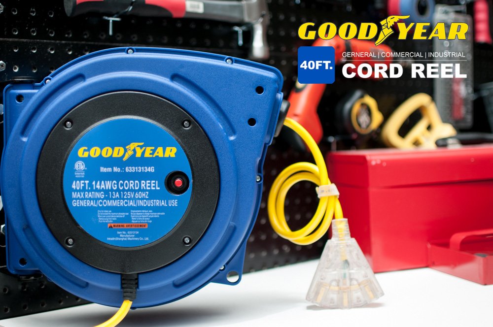 GOODYEAR Extension Cord Reel Extra Long 40 ft 14AWG 3C SJTOW, Triple Tap Connector, Heavy Duty, Slow Retraction Stop at Any Point