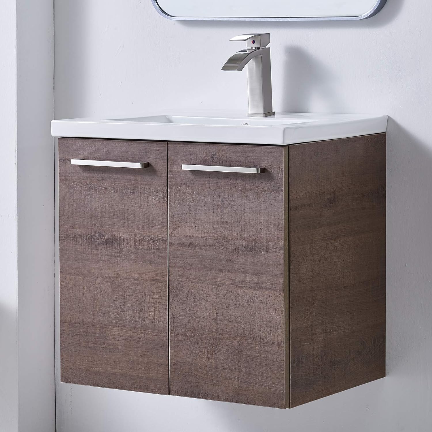 Mogiyin Modern 24&rdquo; Floating Bathroom Vanity Wall Mount,Simple Design 2-Door 2 Handles Bathroom Floating Sink Black Cabinet Vanities Combo Set with White Integrated Undermount Ceramic Vessel Sink