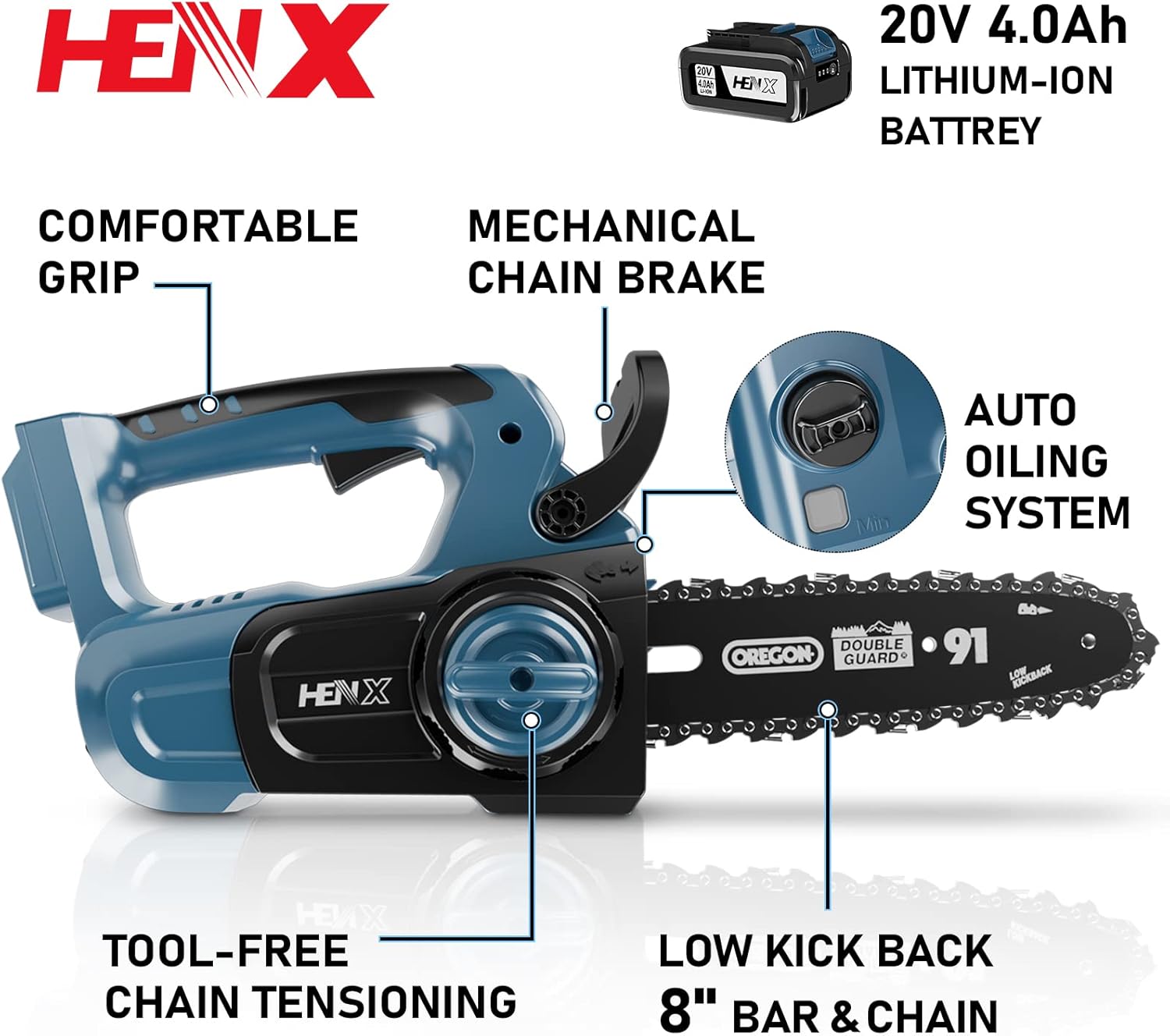 HENX 8-Inch Cordless Chain Saw 20V Max Lithium-ion, Tool-Free Chain Tensioning System, Chain Kickback Brake, 2.0 AH Battery Included