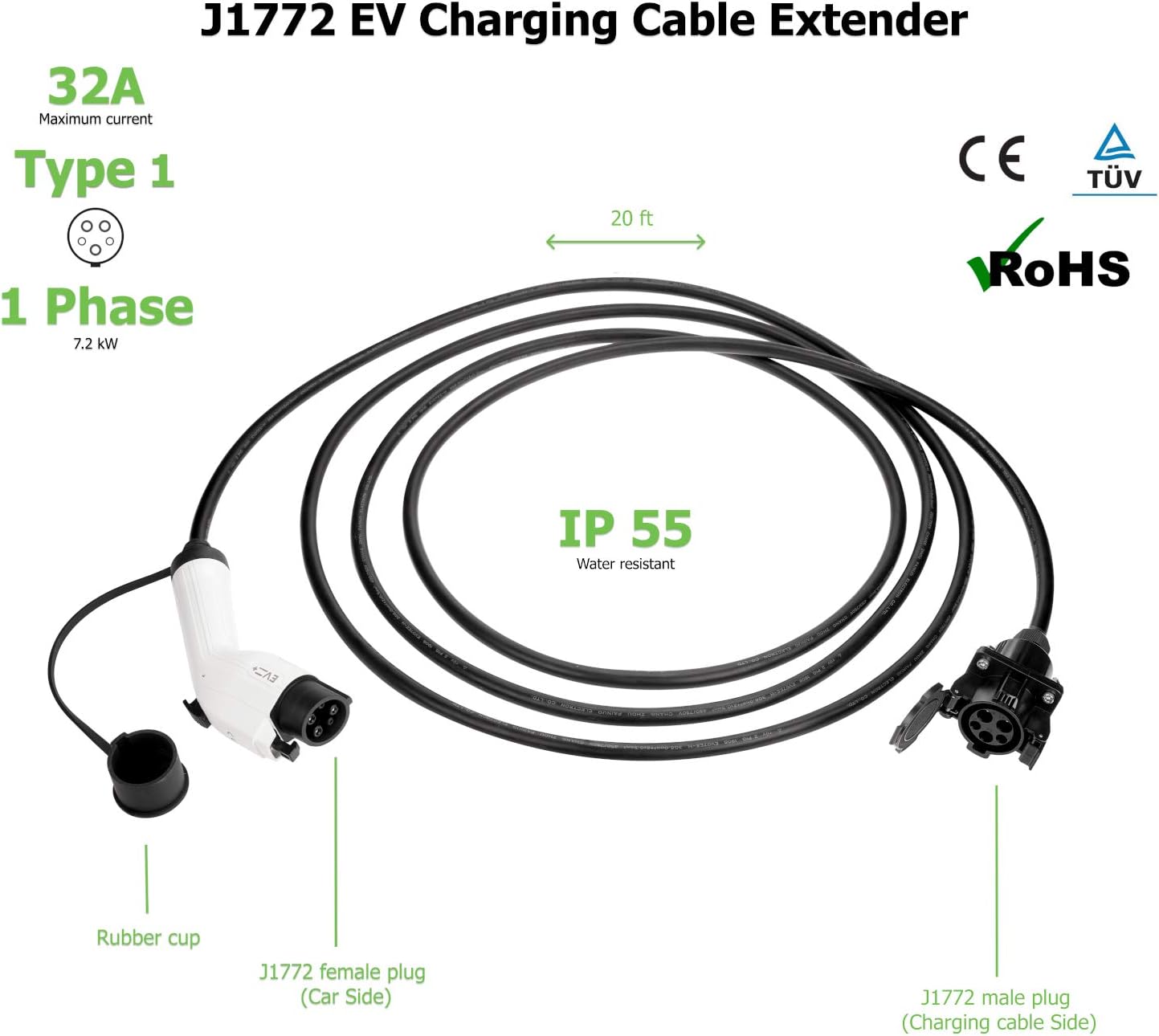 EV + Electric Car Charger Extension Cable Cord 20Ft - Level 2 Charging Station 32 Amp 240 Volt Extender for SAE J1772 - Charging Cable Accessories