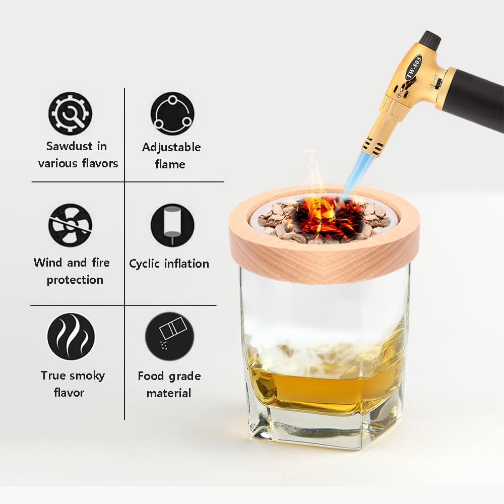 HISUENG Cocktail Smoker Kit with Torch, Bar Tools Set with Wood Chips for Whiskey and Bourbon Smoker and 4 Ice Cubes Whiskey Stones, Cocktail Barware Smoker Gifts for Men (No Butane) Pack of 2