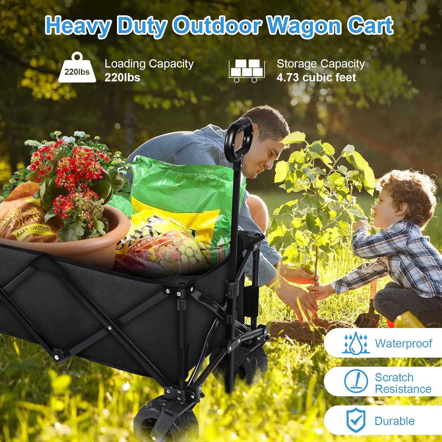 Collapsible Folding Wagon Cart, Heavy Duty Beach Wagon Cart, Utility Garden Wagon with All Terrain Wheels & Adjustable Handle for Outdoor Camping Picnic