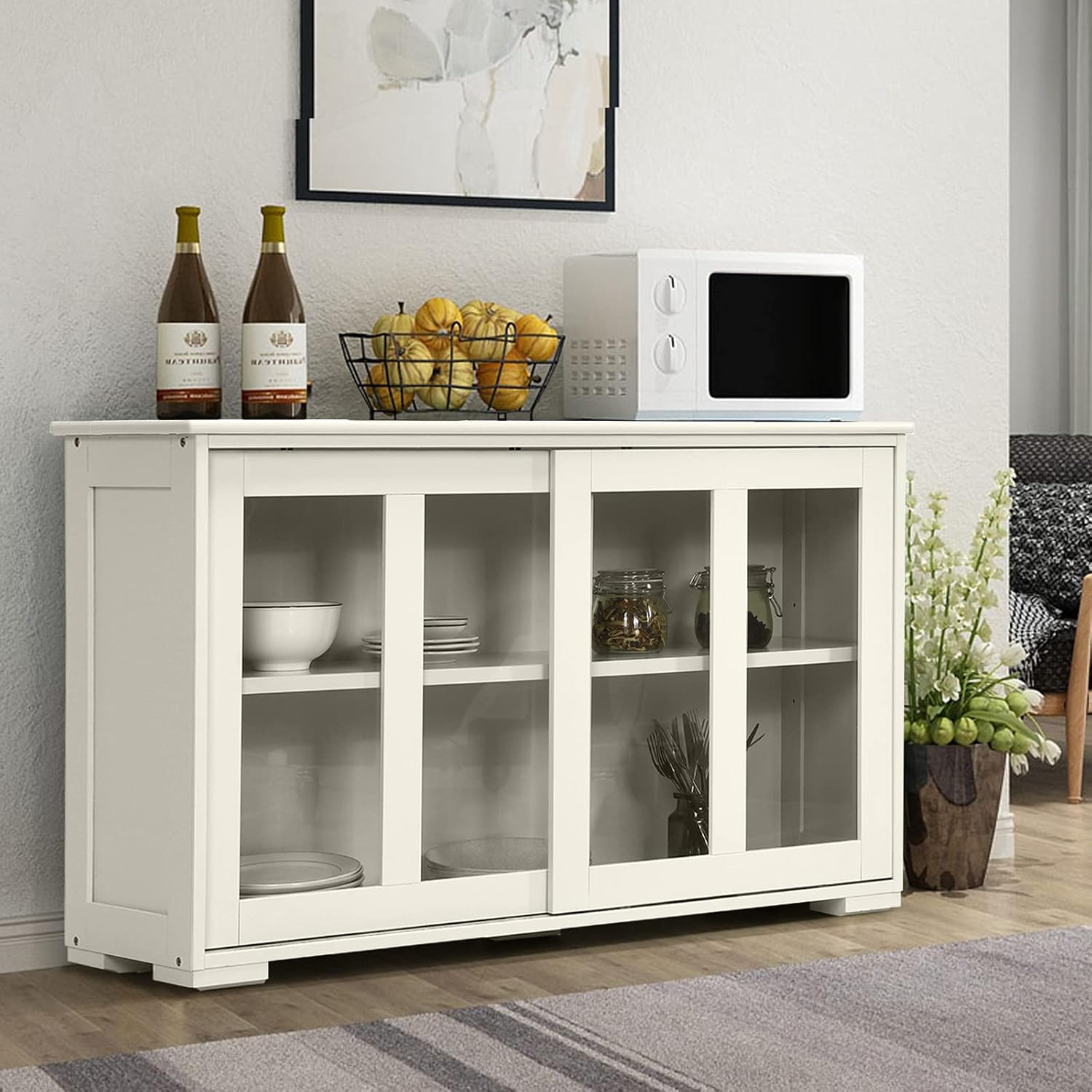 NAFORT Kitchen Storage Sideboard - Stackable Stand Buffets Cabinet Living Room Glass Storage, Sliding Slat Door Storage Cabinet