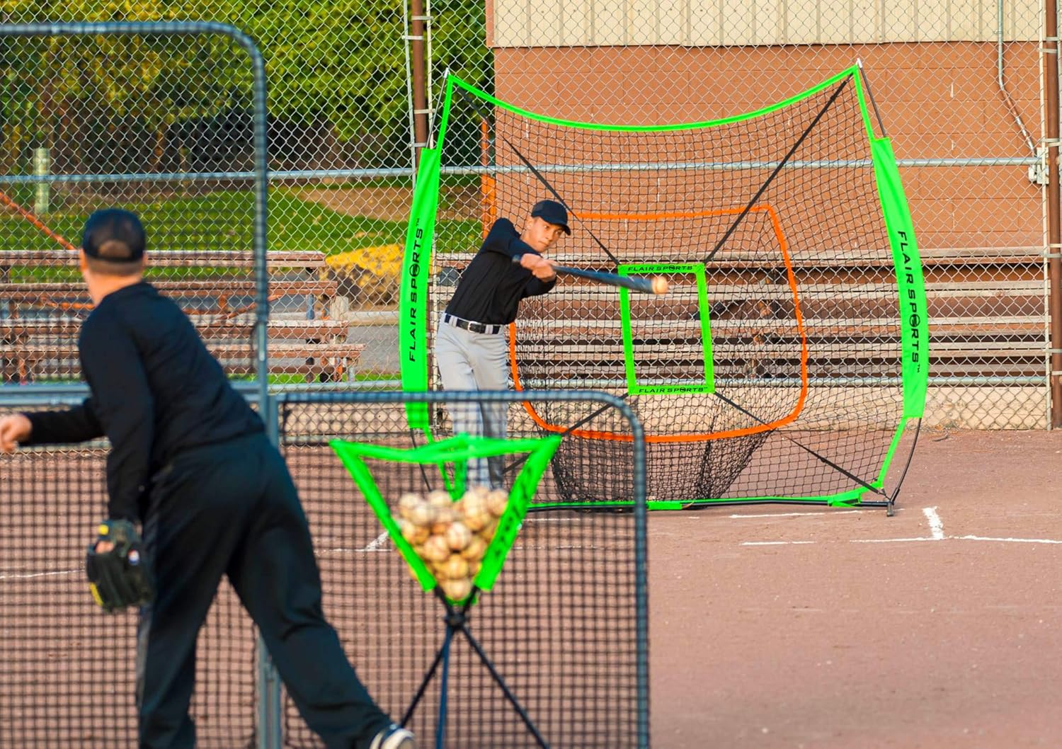 Flair Sports Baseball & Softball Net for Hitting & Pitching - Professional Series Heavy Duty Combo Pack - Ball Holder Caddy - Portable Hitting Tee - 3 Weighted Hitting Balls - Strike Zone