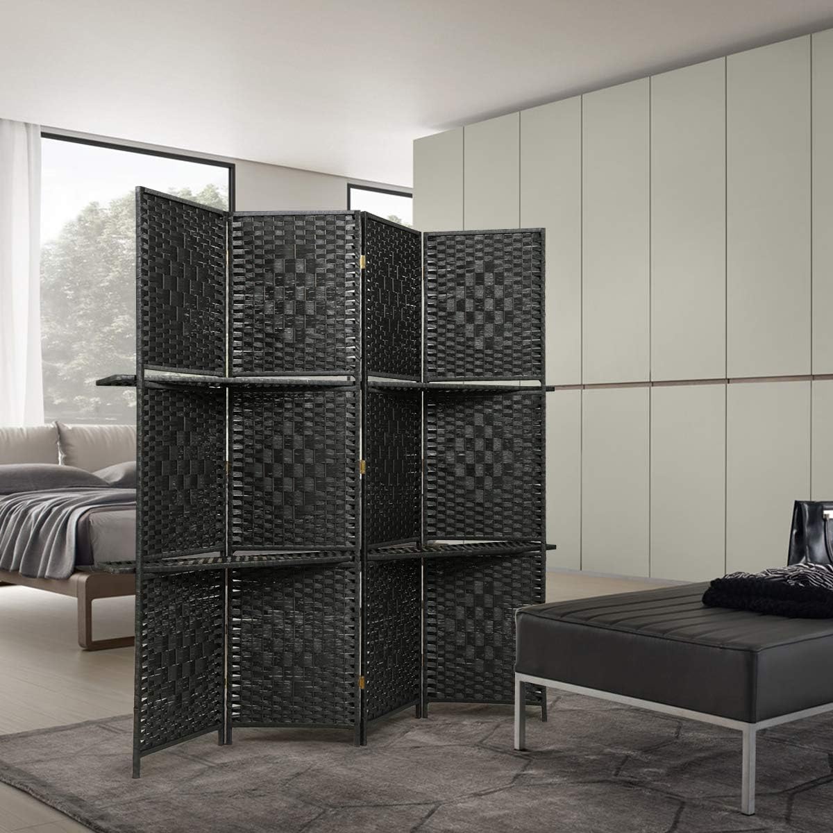JAXSUNNY 4-Panel Room Divider Folding Paper Rope Folding Screen Portable Partition Privacy Room Divider with Removable Storage Shelves, Freestanding Divider with Two partitions£¬Black