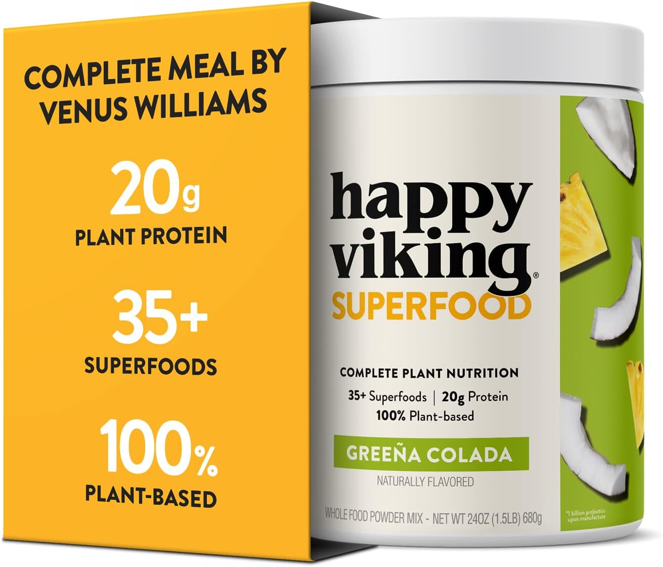 Greeña Colada Plant Protein Powder Shake by Happy Viking, 20G Protein, Created by Venus Williams, Vegan, Dairy-Free, Gluten-Free, Non-GMO, Superfoods, Complete Meal Replacement, 1 Canister (24 oz.) Pack of 2