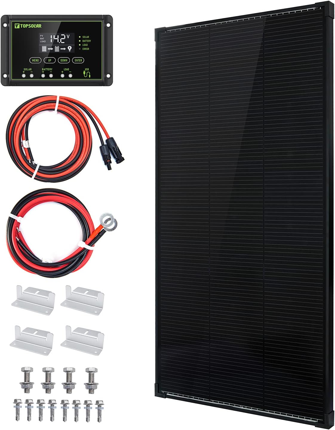 Topsolar Solar Panel Kit 100 Watt 12 Volt Monocrystalline Off Grid System for Homes RV Boat + 20A 12V/24V Solar Charge Controller + Solar Cables + Z-Brackets for Mounting(B)
