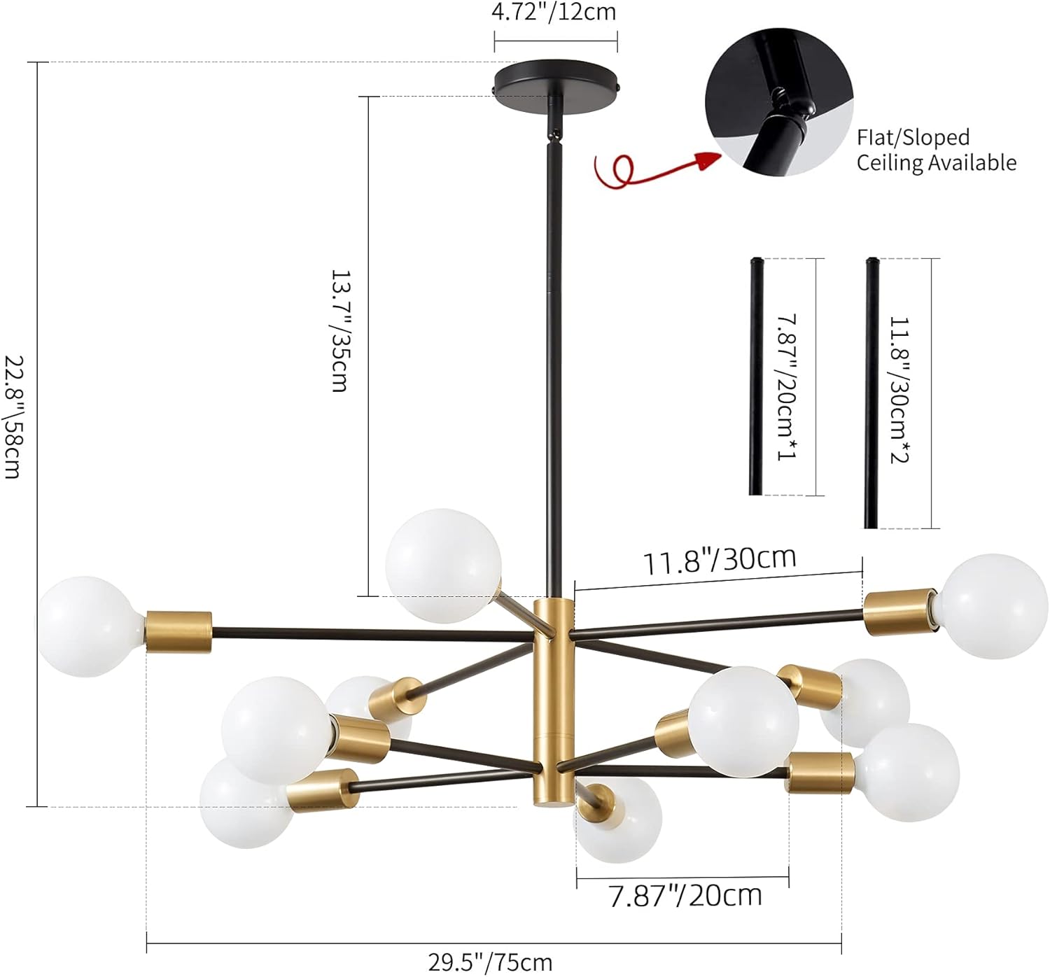 Modern Sputnik Chandelier - KAISITE 10-Light Black and Gold Chandelier Height Adjustable Mid Century Pendant Lighting Gold Chandeliers Ceiling Light Fixture for Kitchen Dining Room Living Room Bedroom
