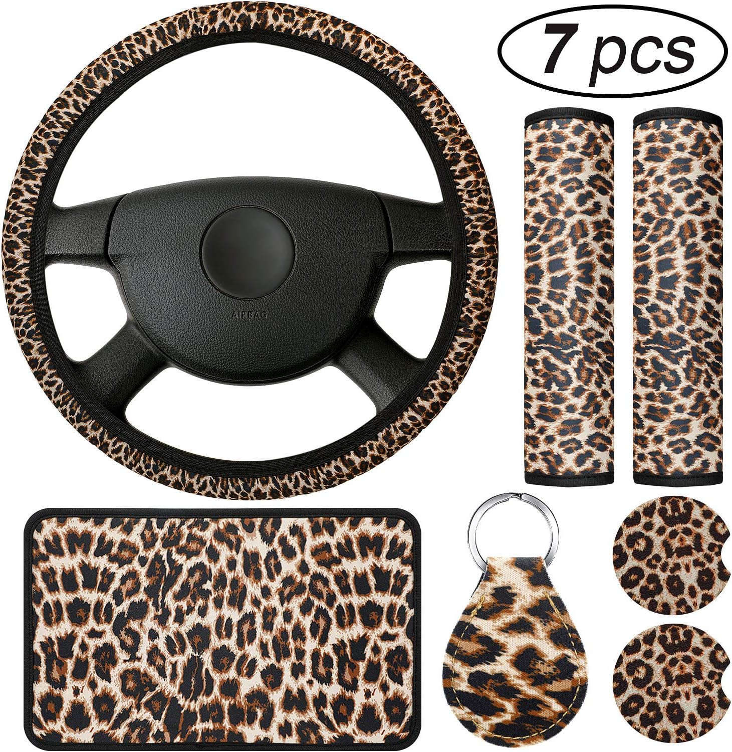 7 Pieces Leopard Print Car Accessories Set, Leopard Steering Wheel Cover, Leopard Car Coasters, Leopard Keyring, Armrest Pad Cover and Seat Belt Pads for Most Cars