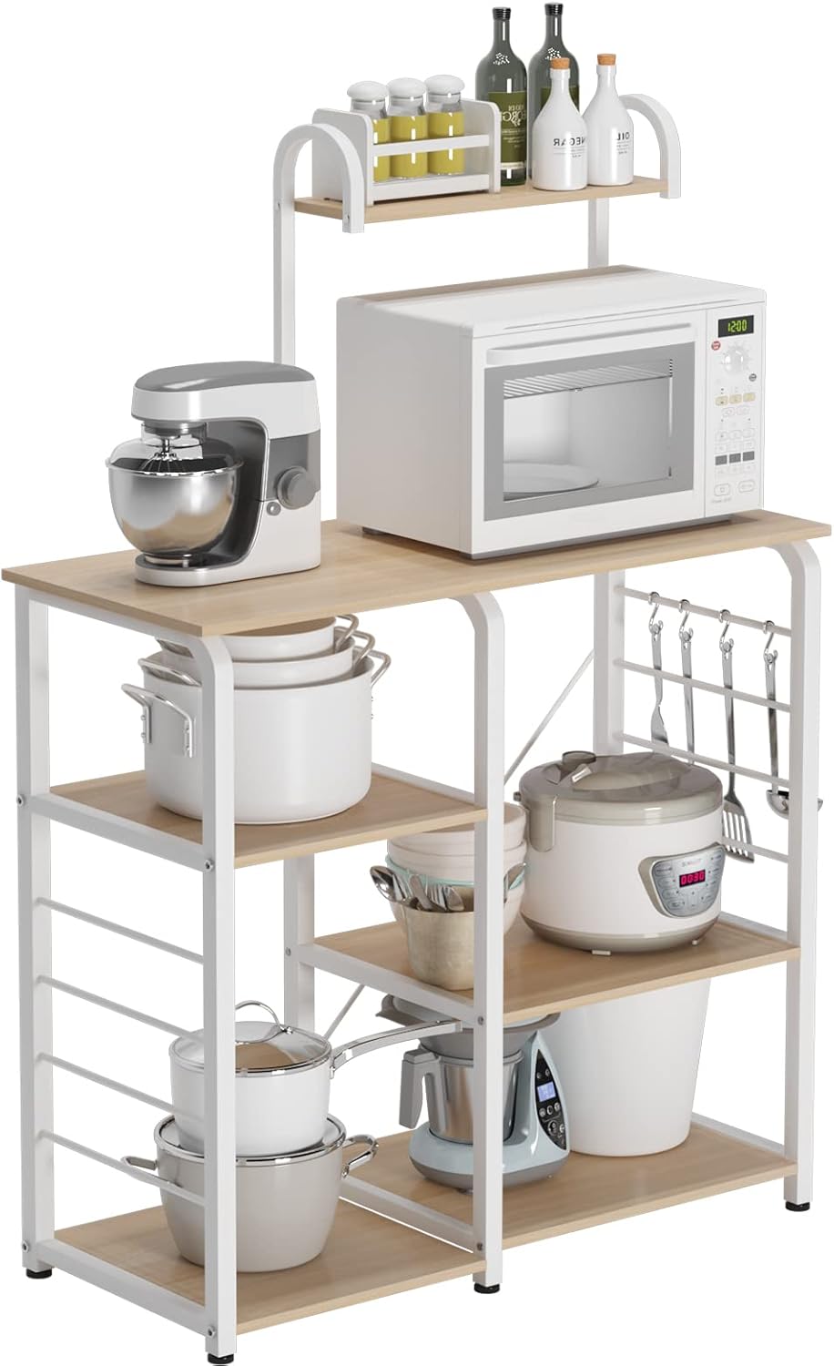 sogesfurniture Kitchen Baker's Rack ,Utility Microwave Oven Stand 3-Tier+4-Tier Storage Workstation Shelf,5 Hooks,35.4 x 15.4 x 55.1inch,BHUS-172-MO(White Maple)