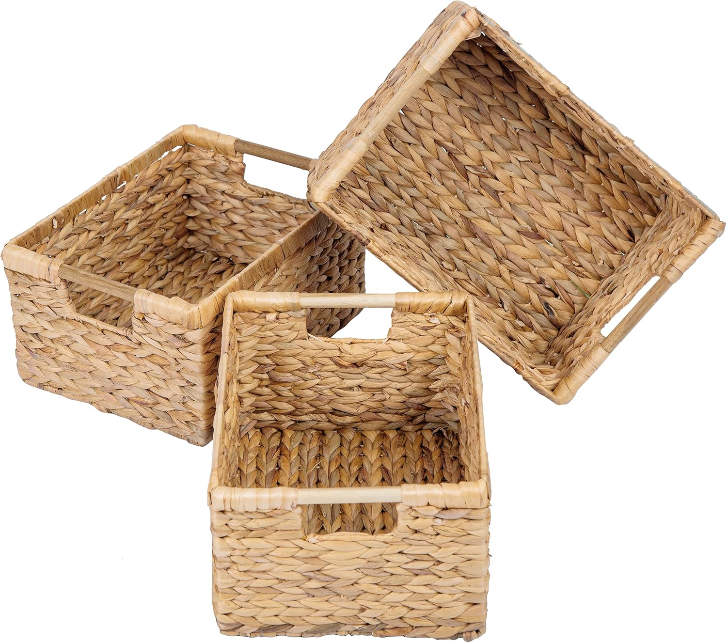 VATIMA Large Wicker Basket Rectangular with Wooden Handles for Shelves, Water Hyacinth Basket Storage, Natural Baskets for Organizing, Wicker Baskets for Storage 14.5 x 10.3 x 7.2 inches - 3 Pack