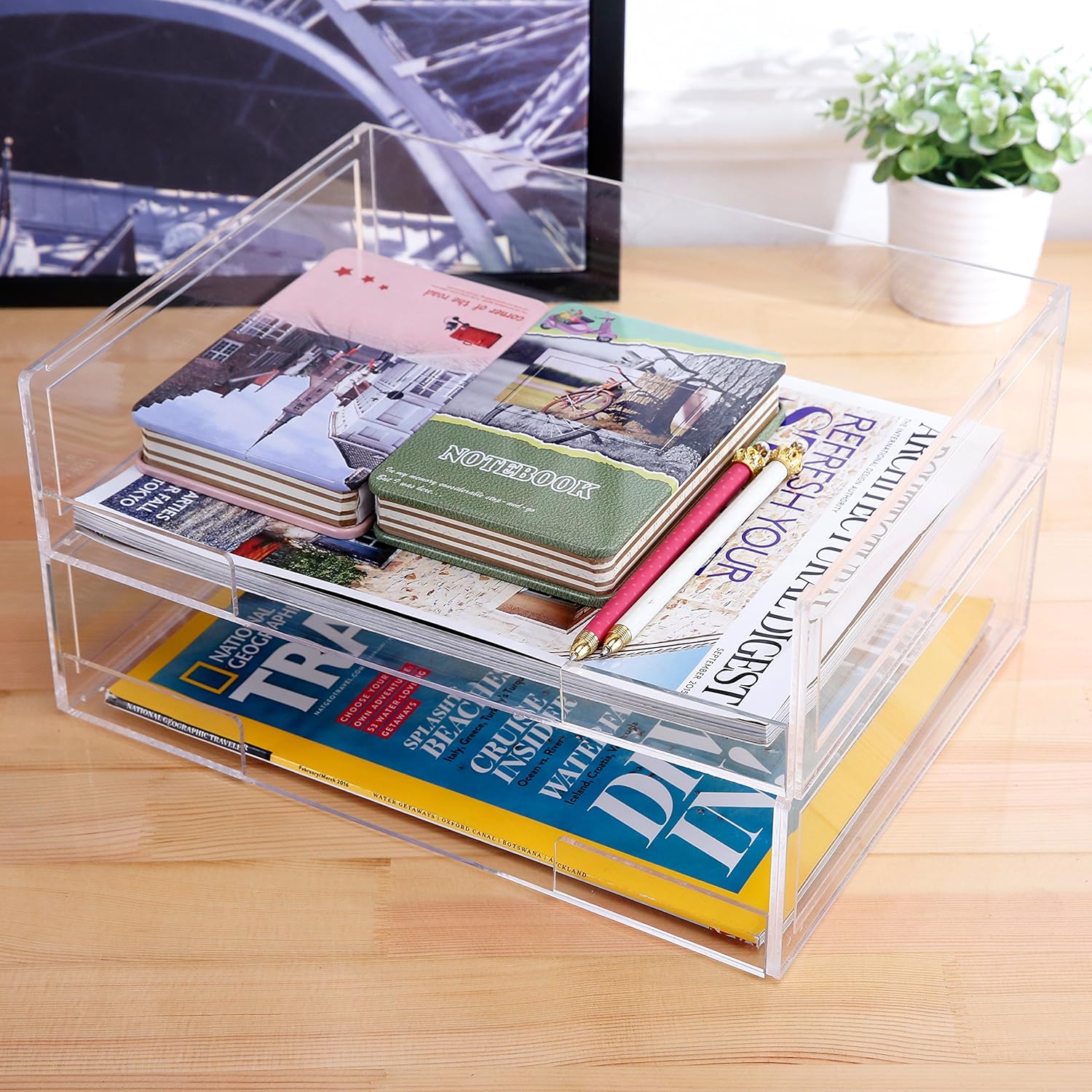 Deluxe Stacking Clear Acrylic Document Paper Trays, Desktop Organizer Racks, Set of 2 Pack of 2