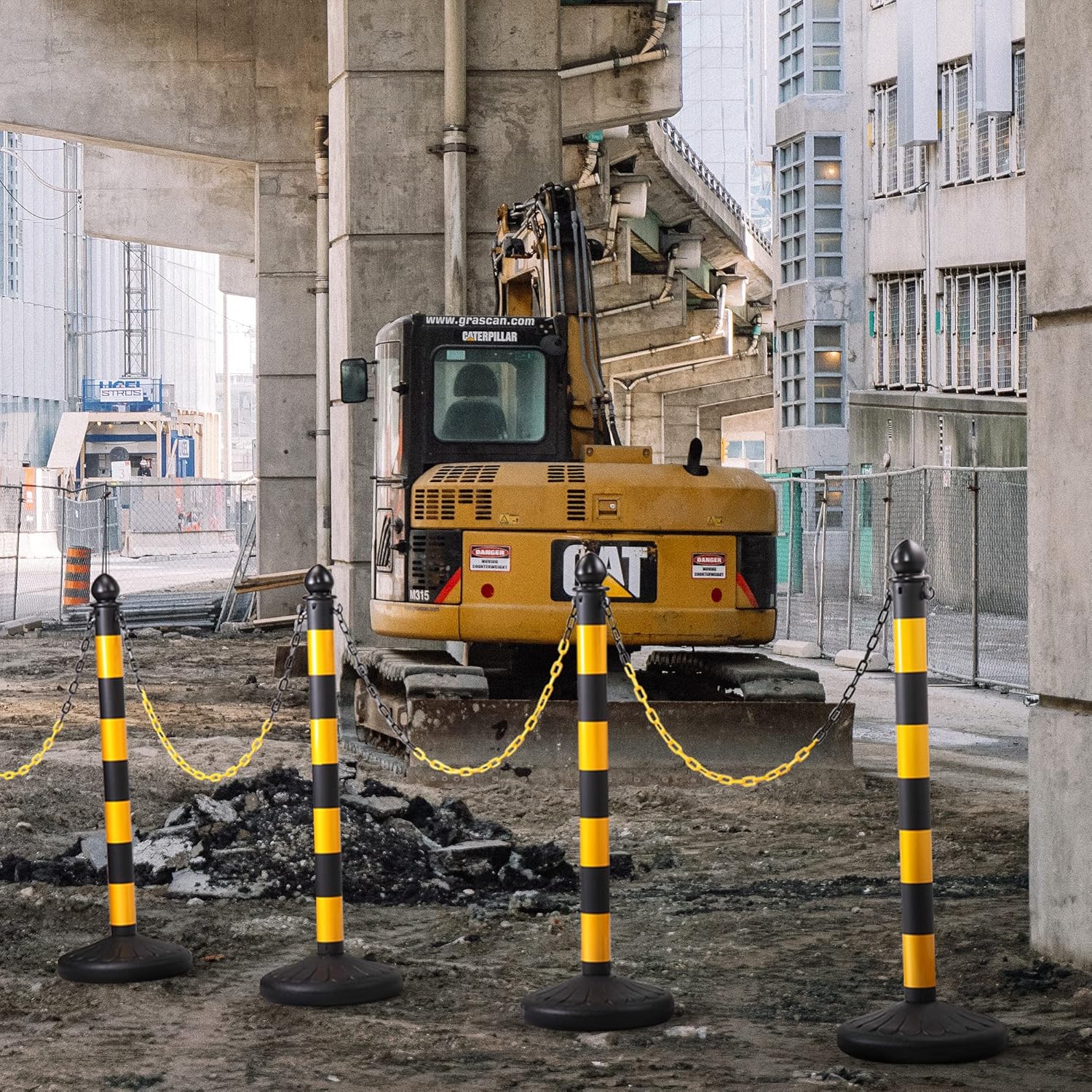 JAXPETY 6 Pack Plastic Stanchion Post Set Crowd Control Stands Barrier with 5PCS 39.4&rdquo; Link Chain and C-Hooks, Black & Yellow