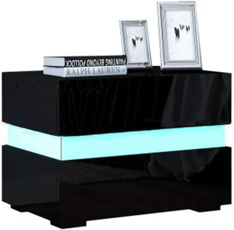 WINUS LED Nightstand, Bedroom CTGB-008 Black/CTGW-008 White/Black/White Modern High Gloss LED Lights Nightstand Bedside End Table with 2 Drawers Gloss Night Stand Cabinet for Home, Hotel (Black)