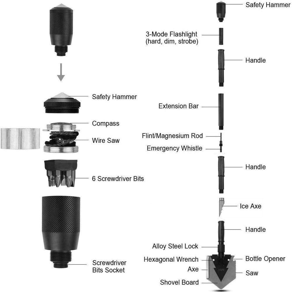 iunio Folding Shovel, 38'' Camping Shovel, Survival Multitool, Foldable Entrenching Tool, Portable Collapsible Spade, Off-Roading E-Tool Kit, for Camping, Backpacking, Trenching, Car Emergency
