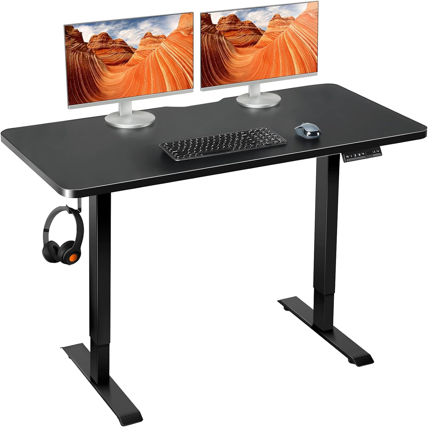 WOKA Dual Motor Standing Desk, 48 x 24 Inches Adjustable Height Desk, Whole-Piece Tabletop Electric Stand Up Desk with Memory Controller, Sit Stand Desk for Home Office (Walnut Top + Black Frame)
