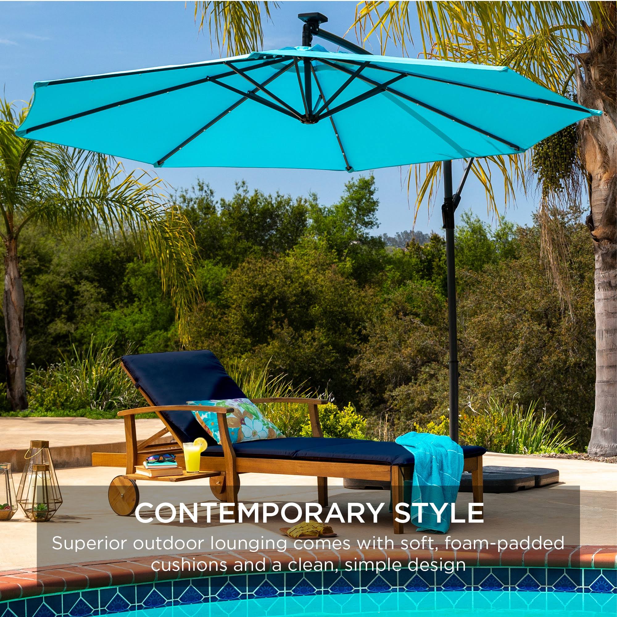 Best Choice Products 79x30in Acacia Wood Outdoor Chaise Lounge Chair w/ Adjustable backrest, Table, Wheels - Navy Blue