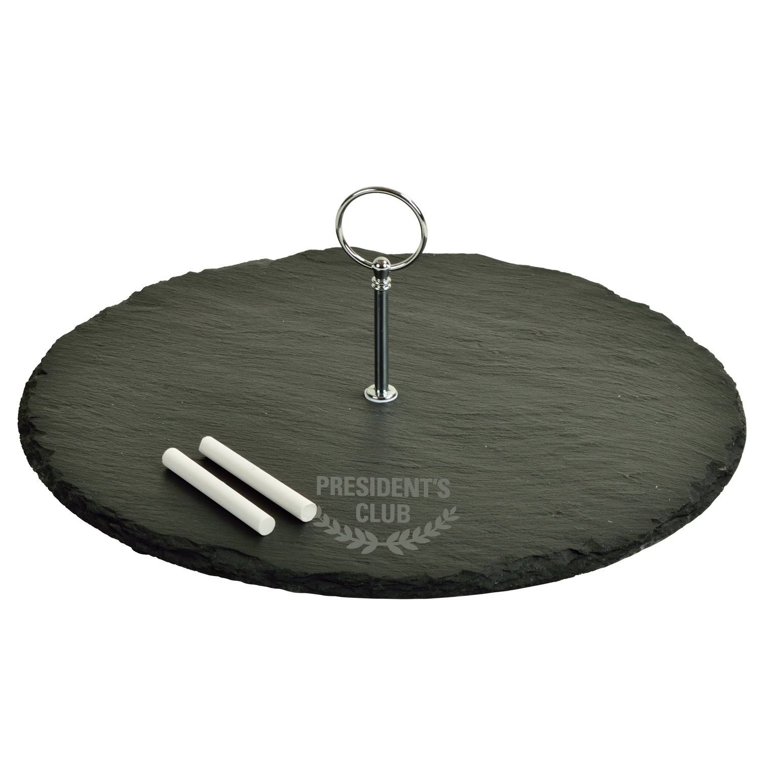 (D) Handcrafted Black Slate Round Cheese Board with Handle and White Pencils