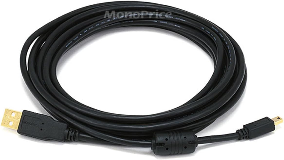 Monoprice 15-Feet USB 2.0 A Male to Mini-B 5pin Male 28/24AWG Cable with Ferrite Core (Gold Plated) (105450),Black