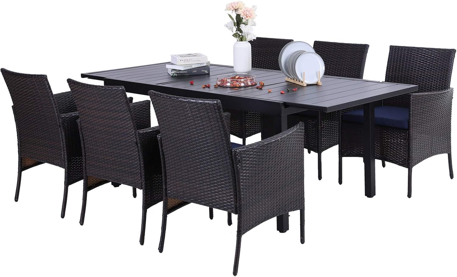 Sophia & William 7 Pieces Patio Dining Furniture for 6-8 People, Outdoor PE Rattan Chairs and Expandable Rectangle Metal Table Set, Modern Outside Dining Set with Cushions for Porch, Backyard, Terrace
