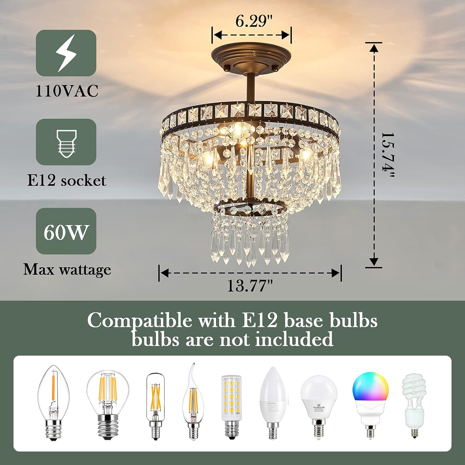 DAFKOS Modern Crystal Chandelier,3 Lights Semi Flush Mount Ceiling Light Fixture , Black Farmhouse Ceiling lamp for Bedroom Living Room Dining Room Entryway Hallway