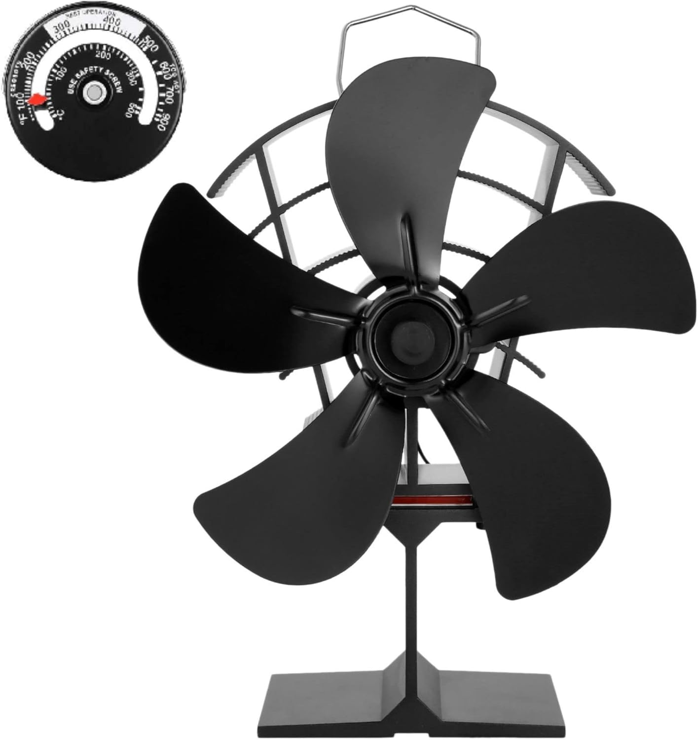 TEENGSE Heat Powered Wood Stove Fan 5 Blades with Thermometer, Silent Fireplace Top Fan for Home Wood Burning Heater Eco-friendly High Efficient Thermal Heat Distribution Accessories-Black Pack of 2