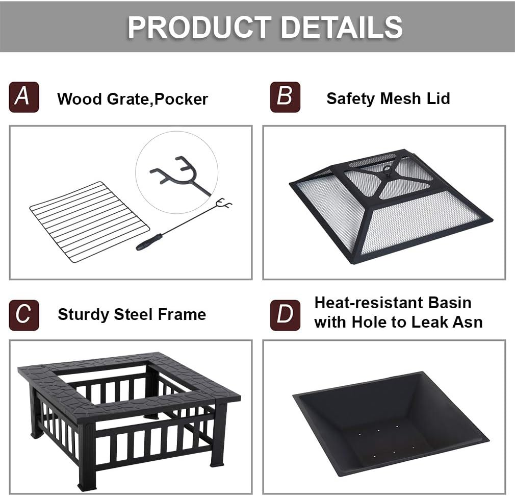 Vnewone 32'' Outdoor Fire Pit Metal Square Firepit Patio Stove Wood Burning for Backyard Garden Camping Picnic Bonfire with Spark Screen Cover, Log Grate, Poker,32