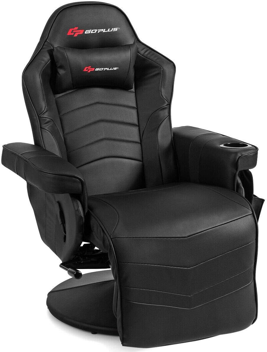 Goplus Massage Gaming Chair, Racing Style Gaming Recliner w/Adjustable Backrest and Footrest, Ergonomic High Back PU Leather Computer Office Chair Swivel Game Chair w/Cup Holder and Side Pouch