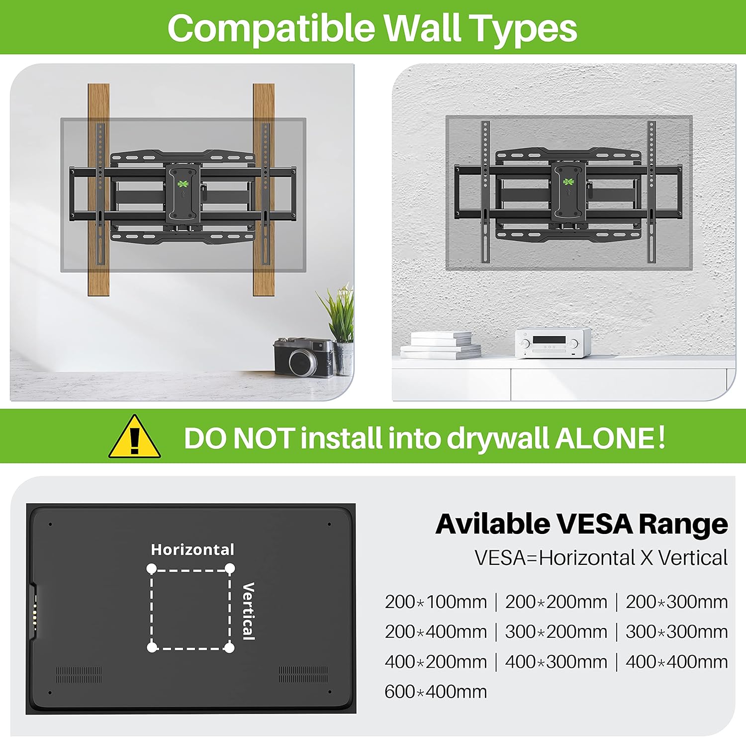 Full Motion TV Mount, USX MOUNT TV Wall Mount for Most 37-75 inch TVs, Holds up to 132lbs, Max VESA 600x400mm, Swivel TV Mount Bracket with Dual Articulating Arms Tilt Rotation Fits 16