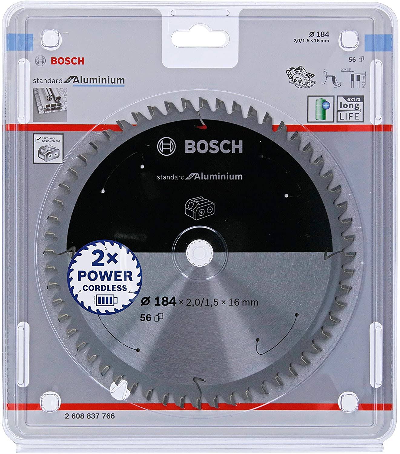 Bosch Professional Circular Saw Blade Standard for Aluminium (Aluminium, 184 x 16 x 2 mm, 56 Teeth, Accessory Cordless Circular