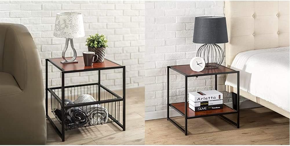 Zinus Modern 20-inch Dane Side Table with Storage Basket & 20-inch Black Frame Side Table Square Red Mahogany Wood Grain