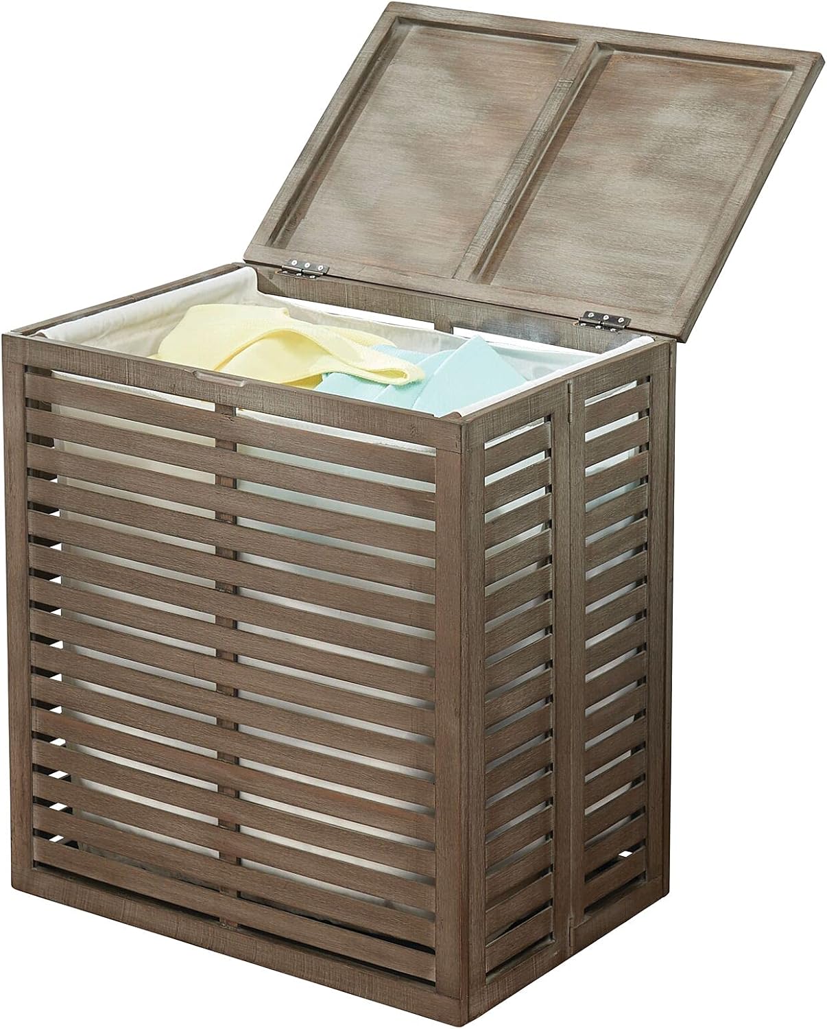 mDesign Bamboo Laundry Hamper Basket with Removable Fabric Liner and Decorative Wood Slats - Portable and Foldable for Compact Storage - Single Hamper Design - Natural Bamboo Pack of 2