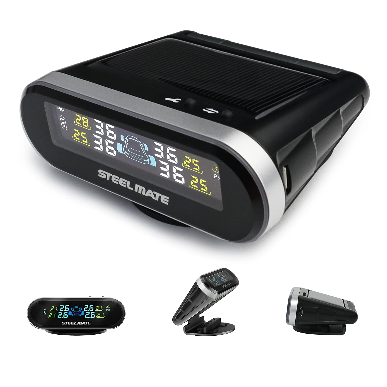 STEEL MATE Solar Power Tire Pressure Monitoring System, 6 Alarm Modes,Support Car Bracket Function, Auto Backlight & Smart LCD Display, Auto Sleep Mode, with 4 External Tpms Sensor (Black)