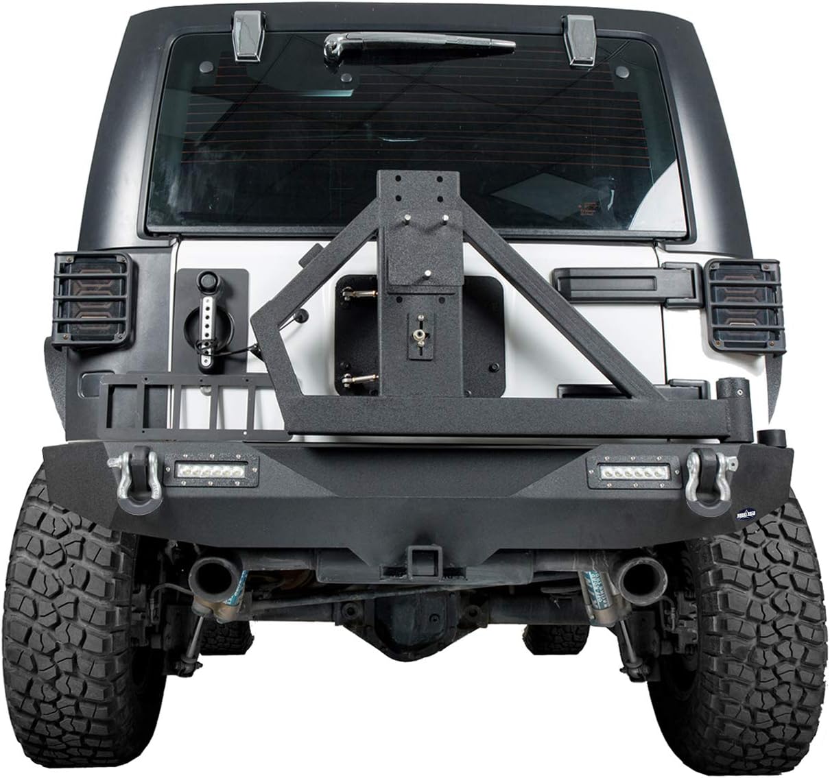 Hooke Road Wrangler JK Offroad Rear Bumper & Spare Tire Arm Rack w/2 x 18W LED Accent Lights Compatible with Jeep Wrangler JK & Unlimited 2007-2018