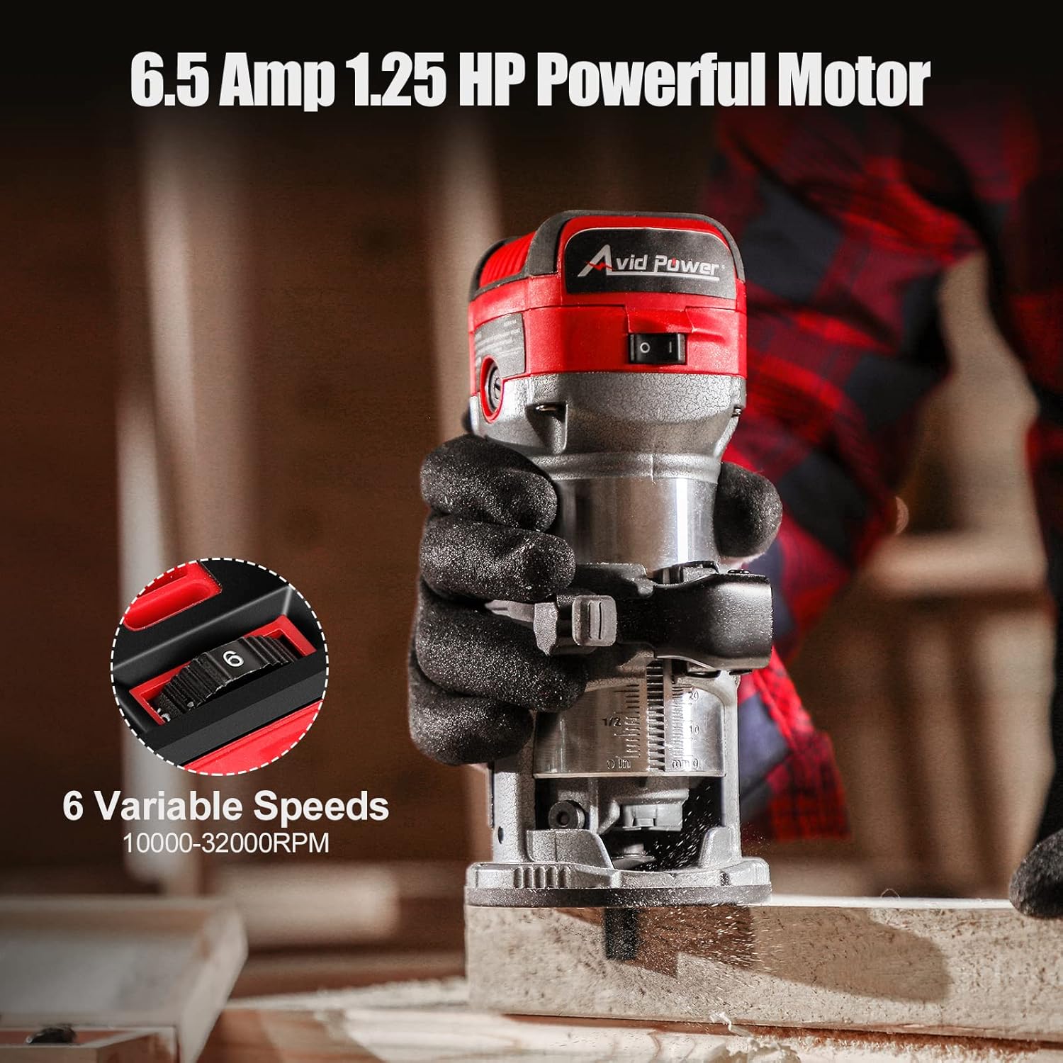 AVID POWER 6.5-Amp 1.25 HP Compact Router with Fixed Base, 5 Trim Router Bits, Variable Speed, Edge Guide, Roller Guide and Dust Hood