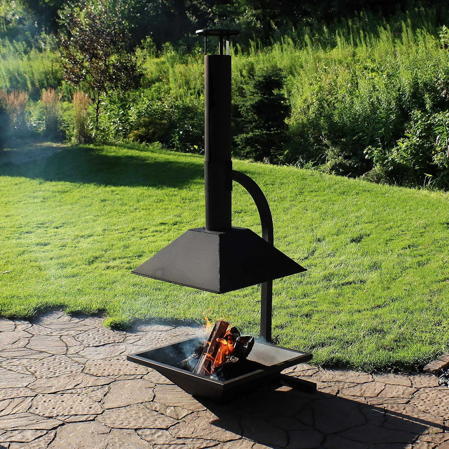 Sunnydaze Black Steel Chiminea Fire Pit - Outdoor Wood-Burning Modern Backyard Fireplace - 80-Inch Tall