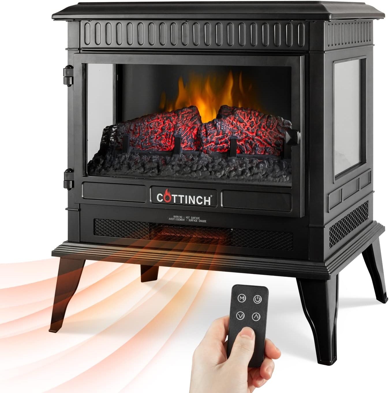 Cottinch Electric Fireplace Heater, Portable for Indoor Use, The Living Room, Large Room, Fireplace Logs with Lights, 3D Flame Effects, Adjustable Brightness, Timer, Remote Control
