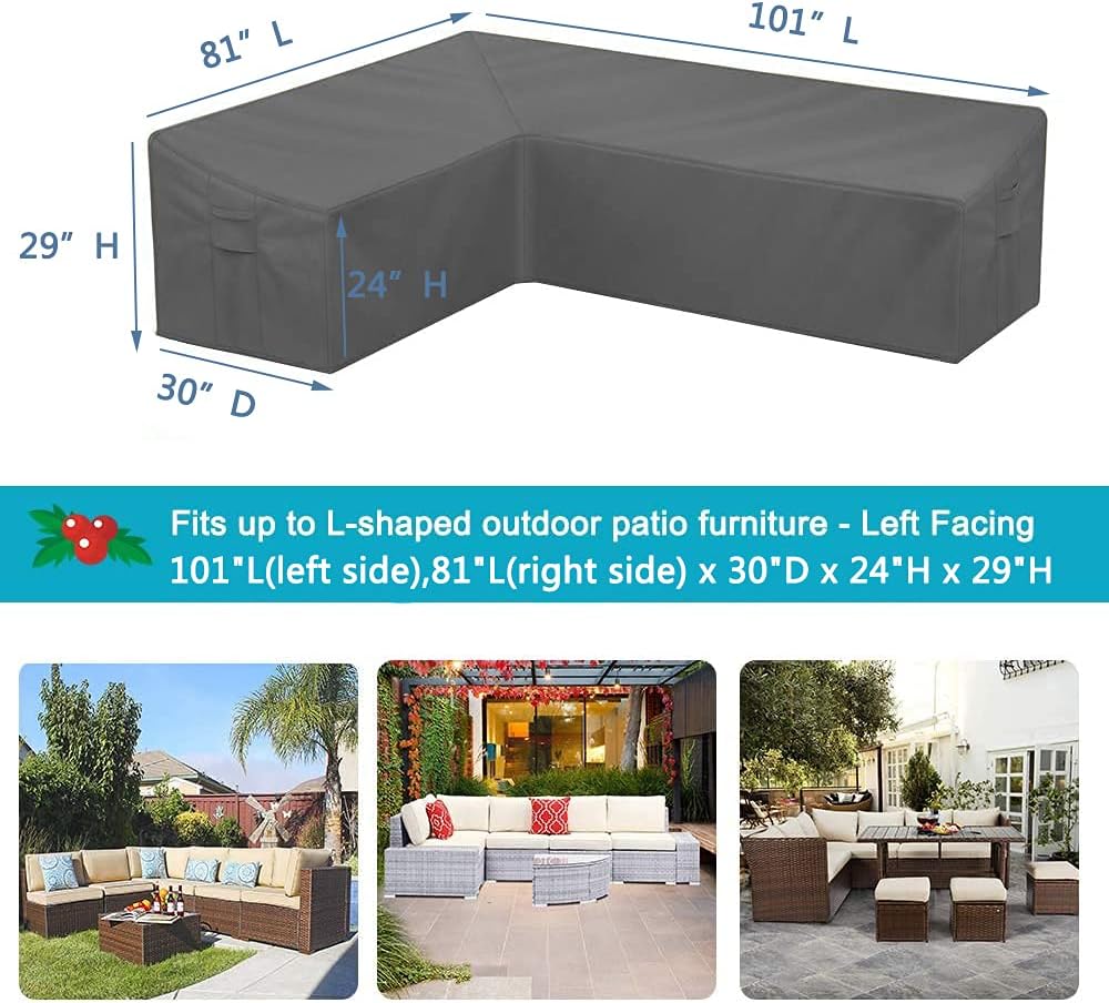 STARTWO Outdoor L Shaped Sectional Sofa Cover, Waterproof Anti UV 101 Inch Patio Furniture Cover Sectional Couch Protector with Water Resistant Glue Strip Windproof Straps (Left Facing-Gray)