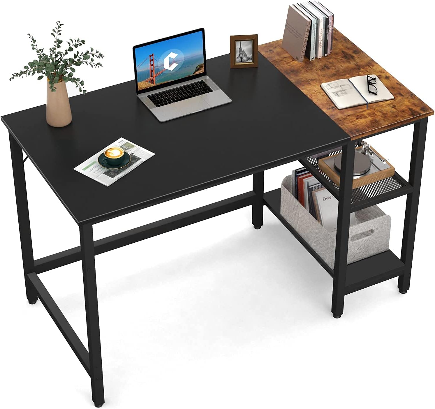 CubiCubi Computer Home Office Desk, 40 Inch Small Desk Study Writing Table with Storage Shelves, Modern Simple PC Desk with Splice Board,Black/Brown