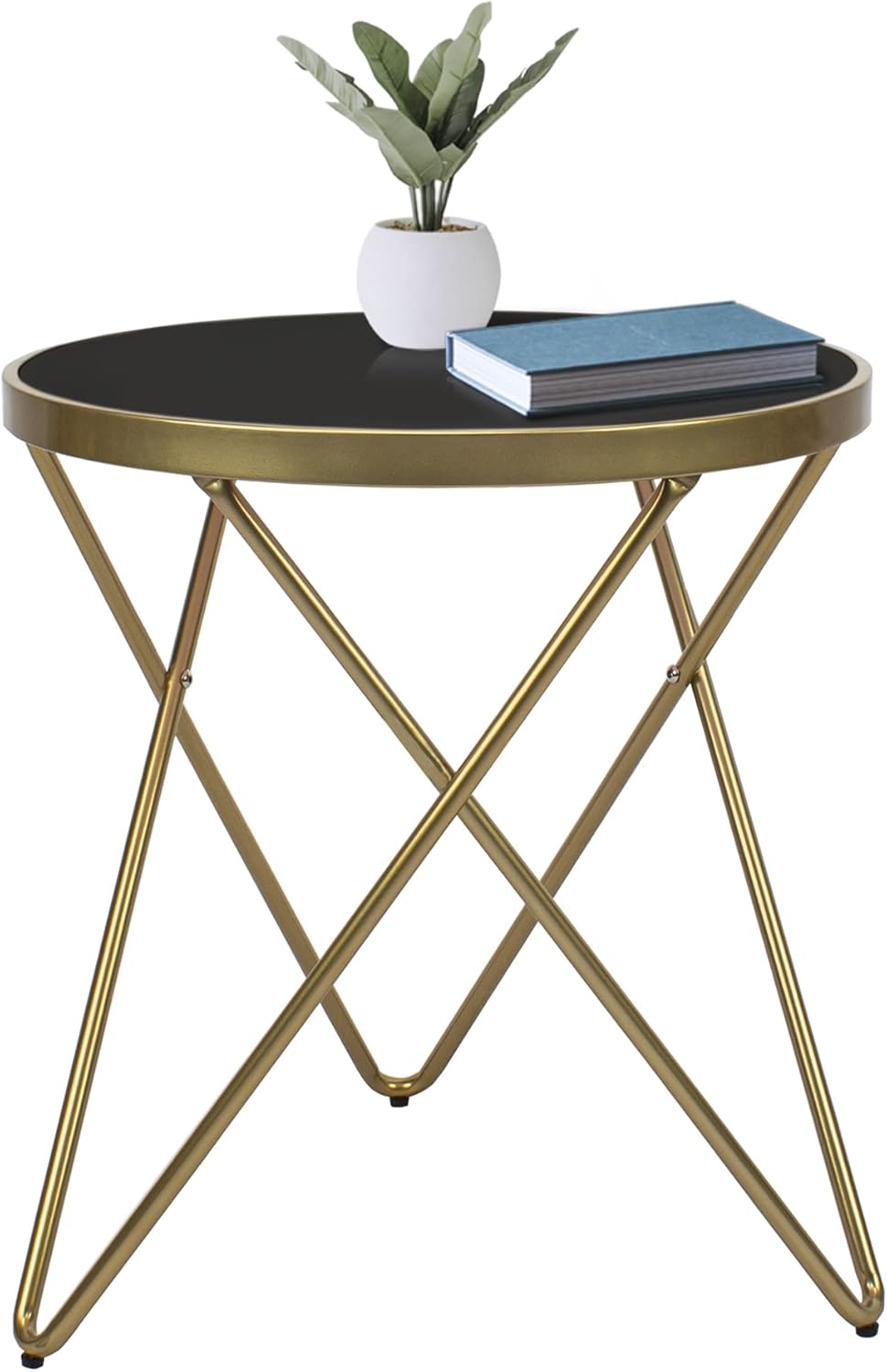 KithKasa Round End Table with White Tempered Glass Golden Legs and Metal Frame, Mid Century Modern Side Table for Small Space Living Room