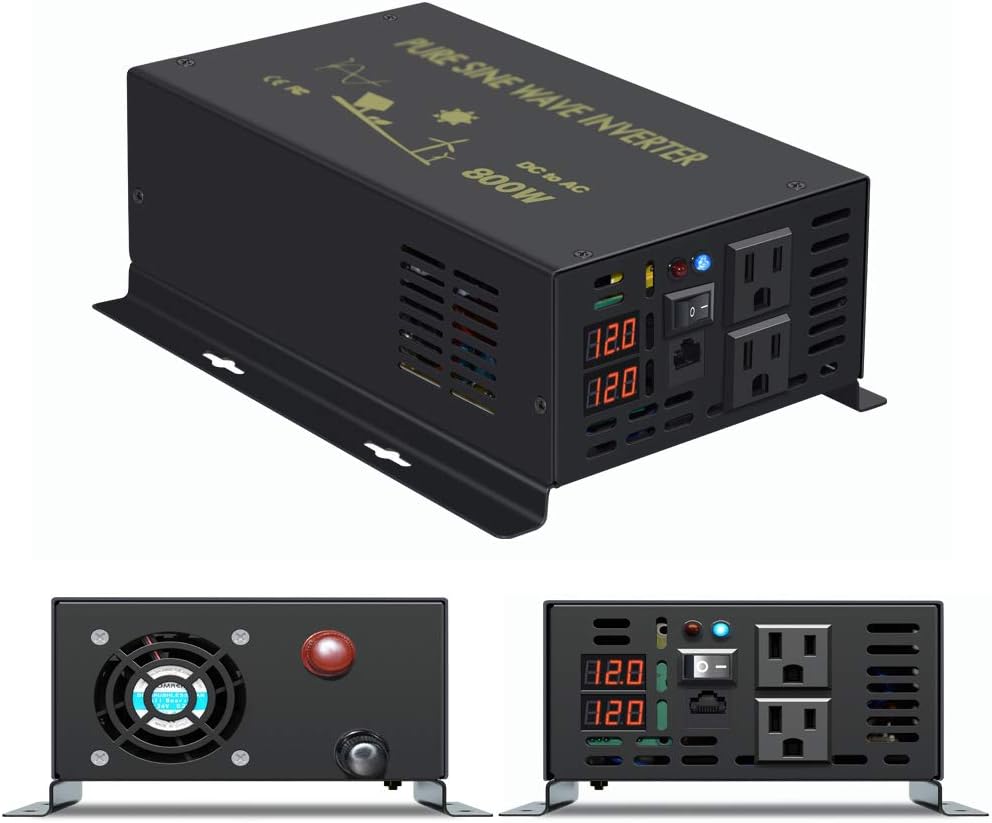 Pure Sine Wave Inverter 800Watt 12V DC to 110V 120V Power Inverter with Remote Control Dual AC Outlets for CPAP RV Car Solar System