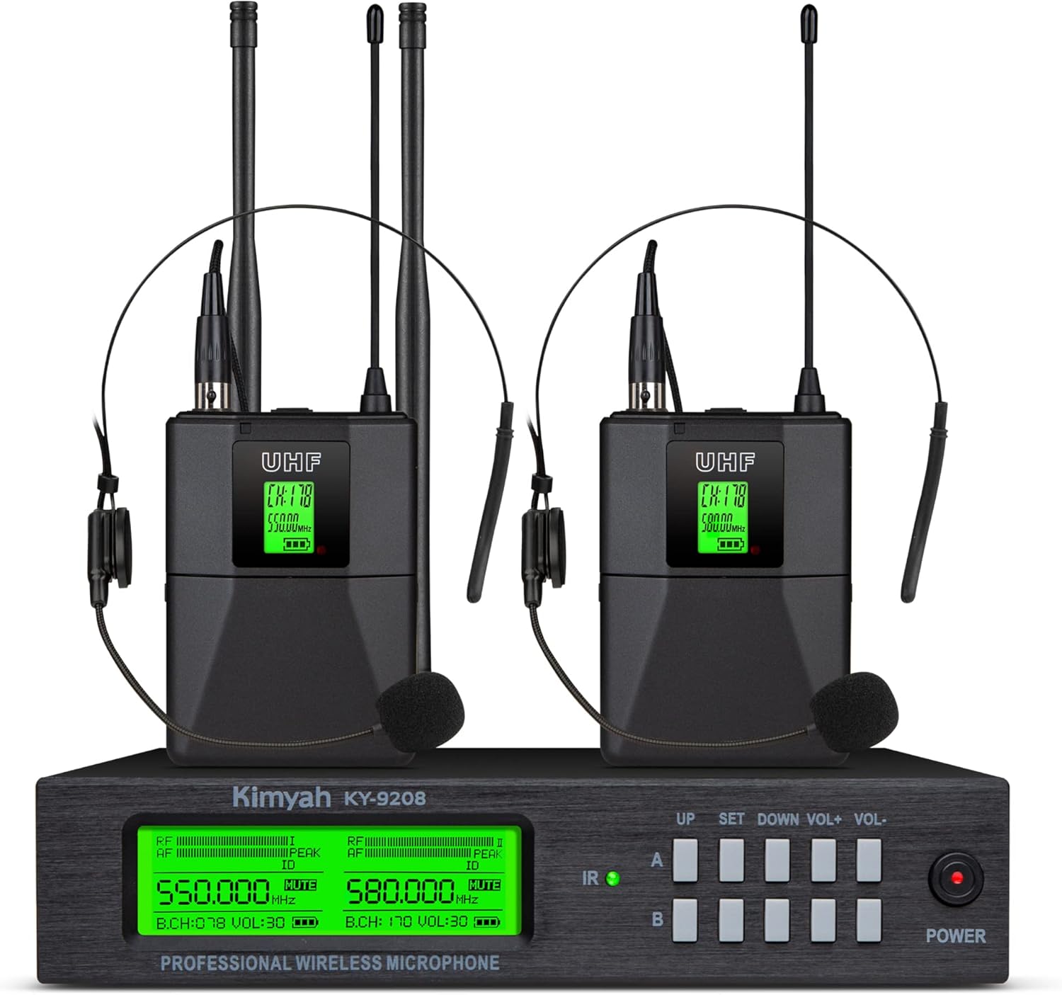 Kimyah Wireless Headset Microphone System, Dual UHF Cordless Bodypack Mics, 2 Headsets Microphones, 328ft Range, No Interference, Ideal for Church and Teaching, Lecture(KY-9208)