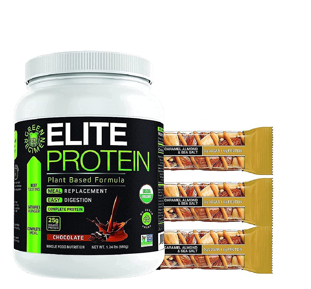 Elite Protein Powder - Vegan, Organic Plant Based Protein Powder, Pea and Hemp Protein, Muscle Recovery and Meal Replacement Protein Shake with 12 Kind Protein Bars (Chocolate - 1.24 lbs) Pack of 2