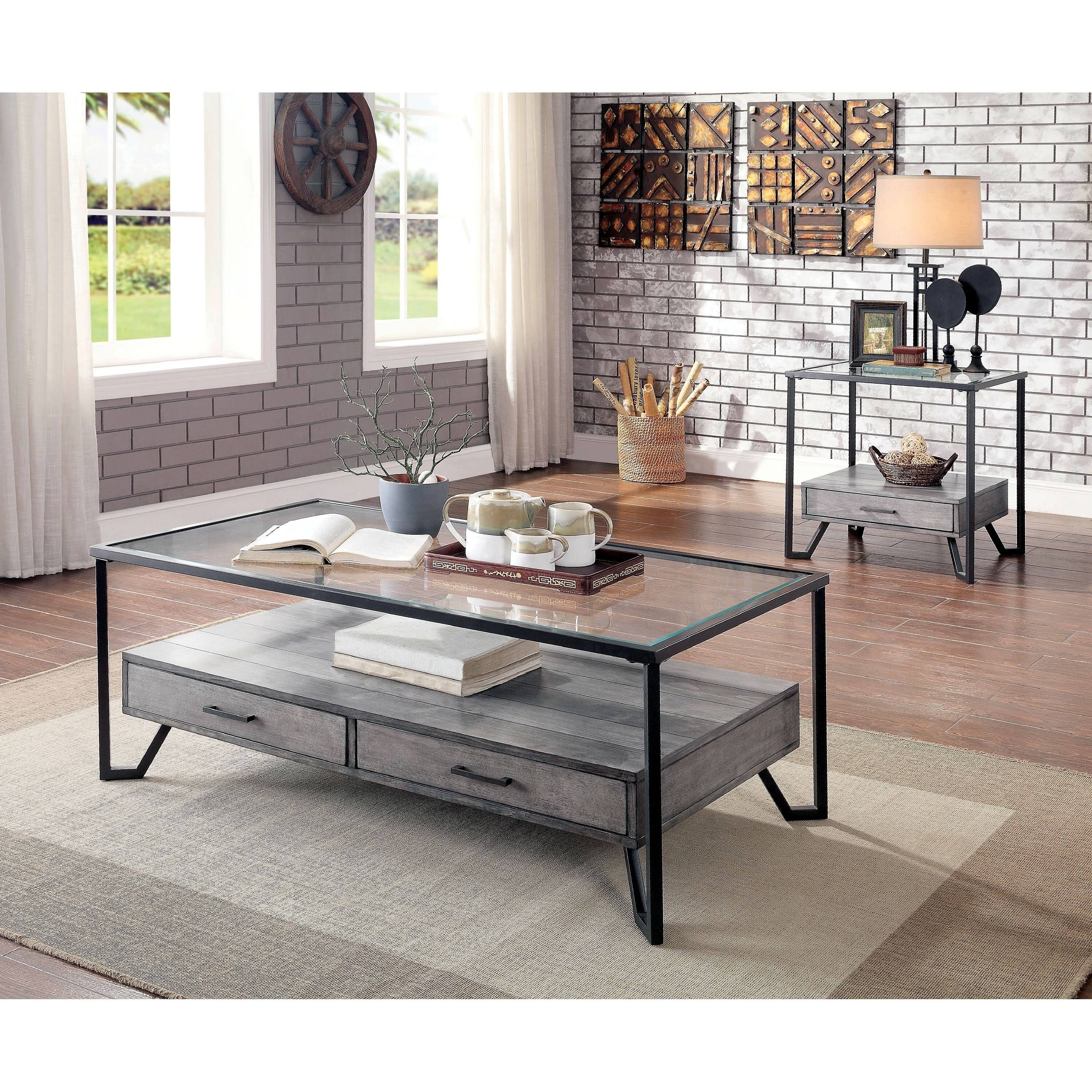 Furniture of America Korz Industrial Grey Glass Top 1-Drawer End Table (Gray/Black)