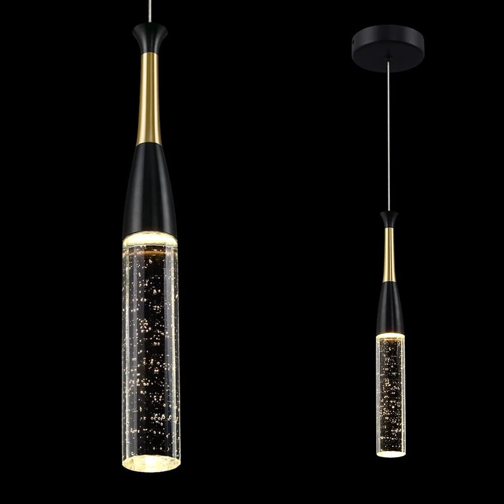 Sedelan Bubble Cylinder Crystal Pendant Light, 5W Dimmable LED Pendant Light Fixtures, Modern Pendant Lighting for Kitchen Island, Living Room, Dining Room, Bedroom, Bar, Brass Black