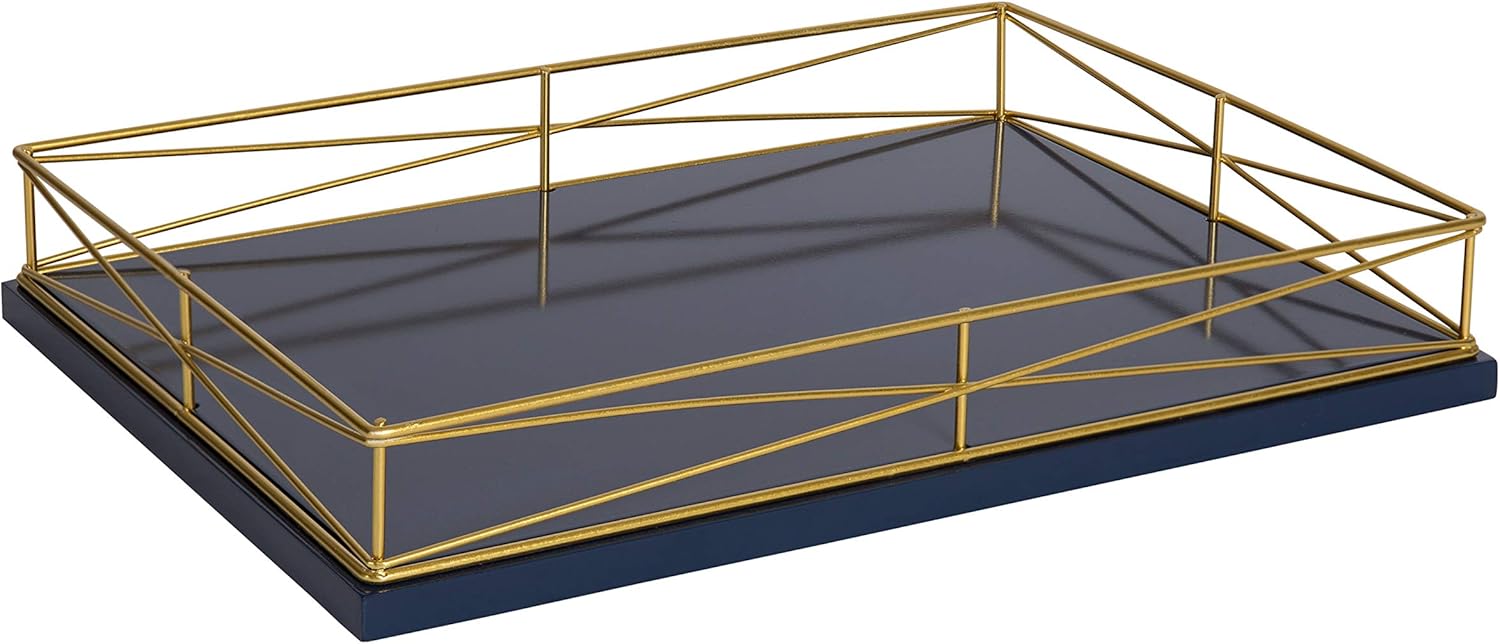 Kate and Laurel Mendel Rectangle Tray with Decorative Metal Rim, 12x16.5, Blue Pack of 2