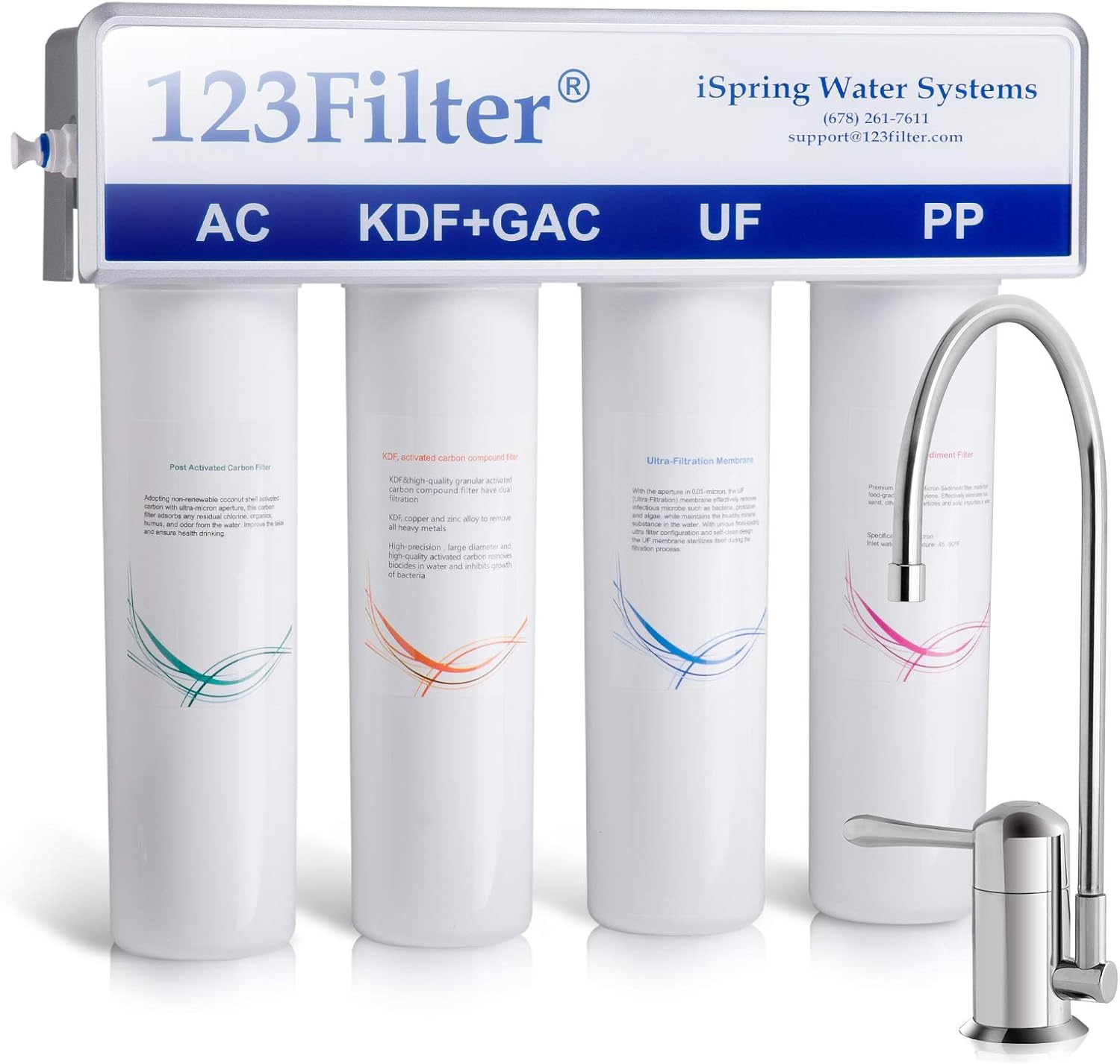 iSpring CU-A4 0.01&mu;m Ultra-Filtration Under Sink Water Filter System, Tankless 4-Stage High Capacity, Remove 99.99% Contaminants, Quick Filter Change with Chrome Faucet, White
