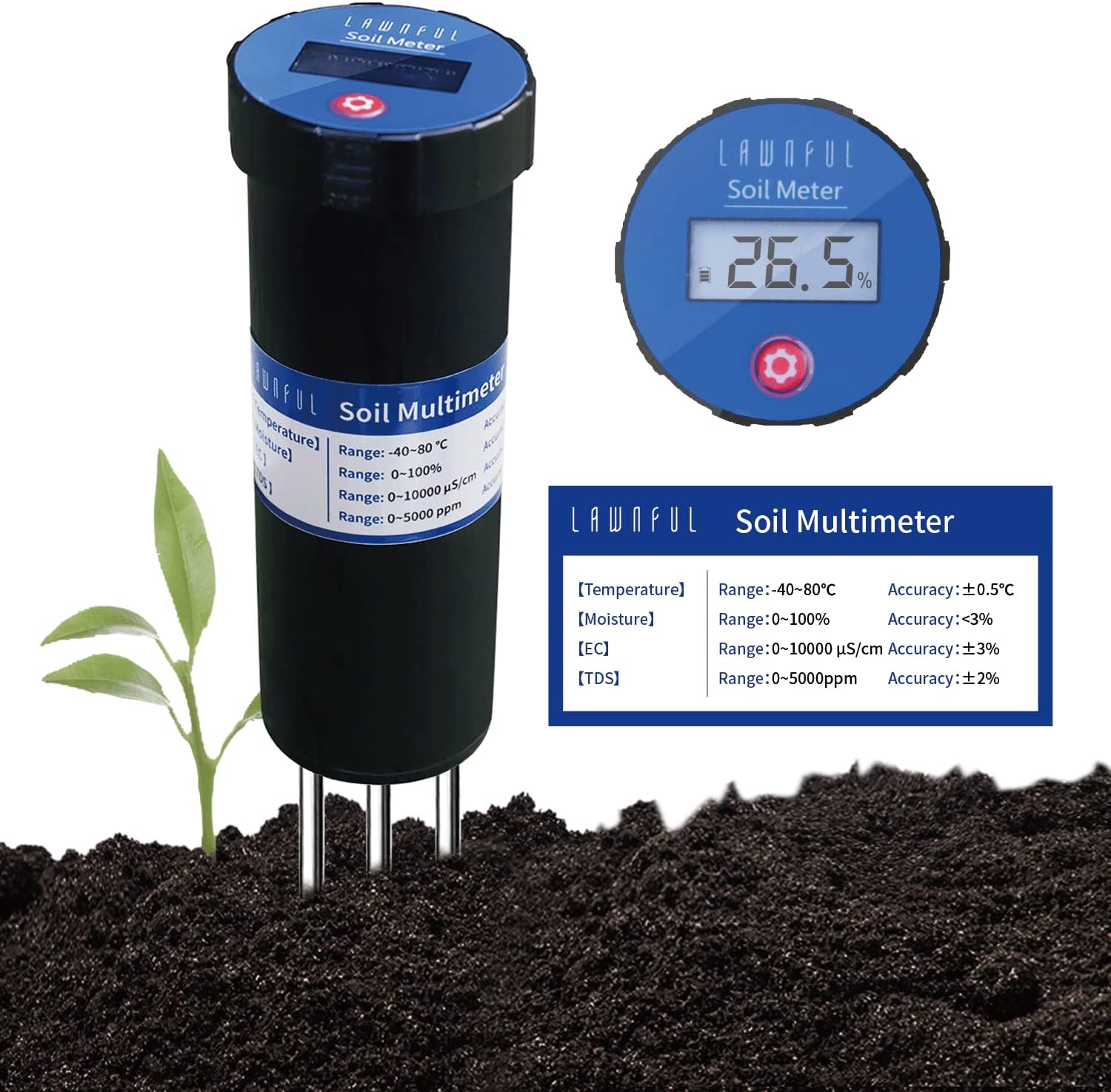 LAWNFUL 4-Way Soil Water Meter for Moisture/TDS/Conductivity/Temperature Test, 4-in 1 Tester with LCD Display for Soil and Water Plant (Work as Moisture & EC & TDS Meter & Thermometer) Pack of 2